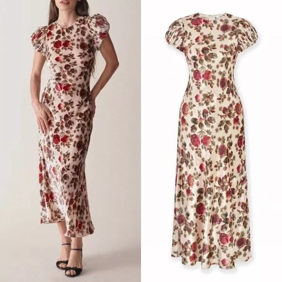 Primrose Garden Floral Silk Viscose Velvet Puff Sleeve Bias Midi Dress Size S - Picture 1 of 17